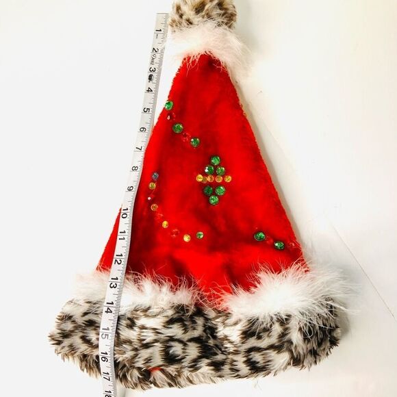 Red Santa Hat with Leopard Faux Fur Trim & Rhinestone Sequin Accents – Holiday C - Picture 3 of 6